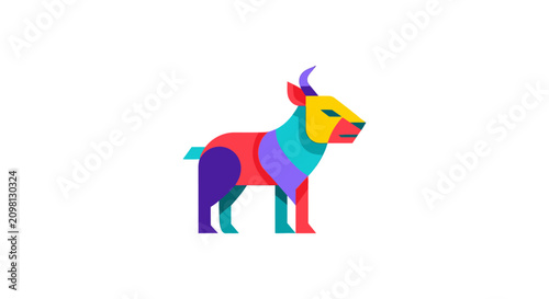 Colorful dog standing in profile view.