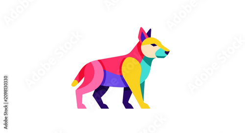 Colorful dog standing in profile view.