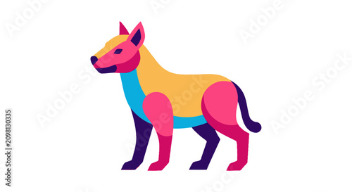 Colorful dog standing in profile view.