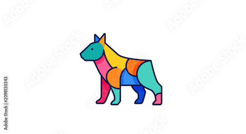 Colorful dog standing in profile view.