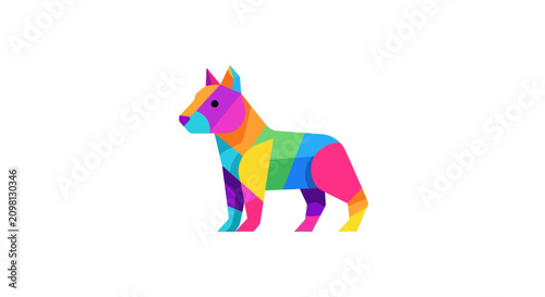 Colorful dog standing in profile view.