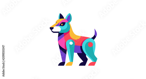 Colorful dog standing in profile view.