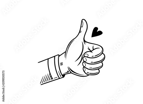 Hand Drawn Thumbs Up and Heart Vector Illustration — Social Media Like and Love Icon