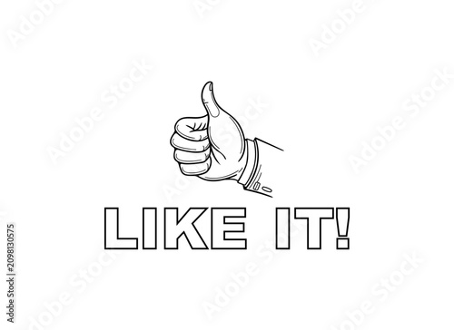 Thumbs Up Hand Gesture with Like It Text – Minimalist Black and White Vector Illustration