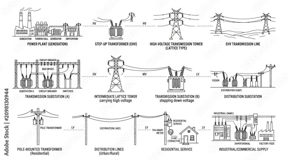 Obraz premium Electrical Power Generation Vector Diagram Transmission Distribution Transformers Substations Voltage Lines Residential Industrial Commercial Supply Infrastructure Energy Flow Design Collection