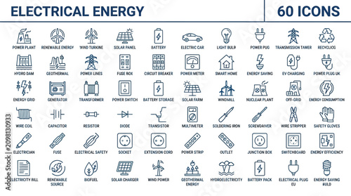 Electrical Energy Vector Icons Solar Panels Wind Turbines Batteries Power Plants Transformers Plugs Sockets Light Bulbs Electric Vehicles Renewable Infrastructure Design Collection
