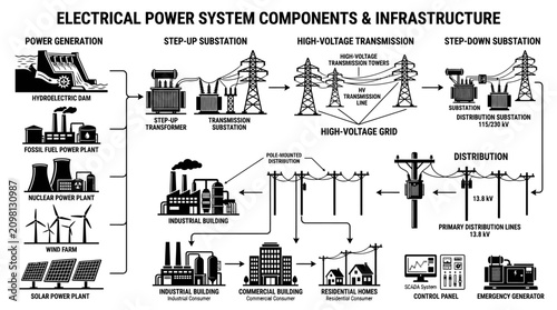Electrical Power System Vector Diagram Generation Transmission Distribution Substations Transformers Infrastructure Energy Flow Residential Commercial Industrial Buildings Design Collection