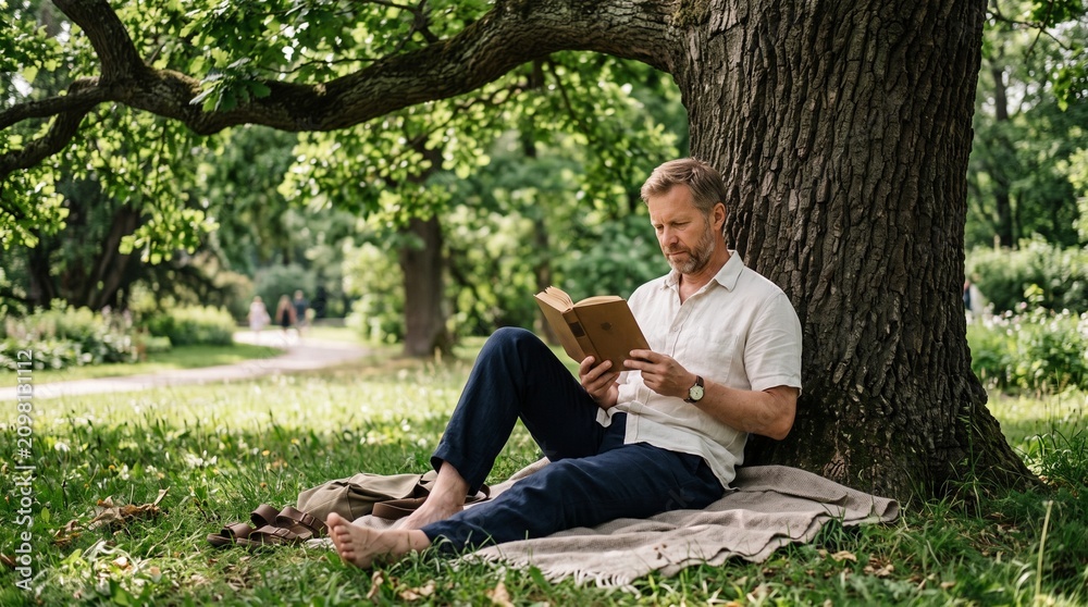 Fototapeta premium Man reading a book under a large tree in a park on a sunny day