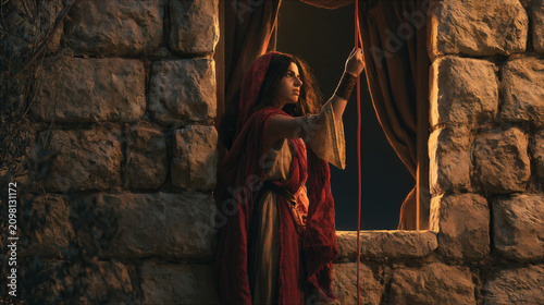 Rahab lowering the red cord from her window in the massive stone wall of Jericho, night time, stealthy atmosphere
