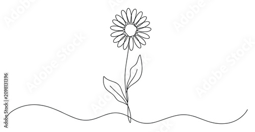 Foto Single daisy flower line art illustration on a horizontal wavy baseline with min