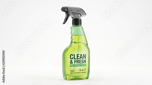 Green liquid cleaning solution spray bottle mockup on white background with copy space with green multi surface cleaner bottle spray liquid inside isolated white