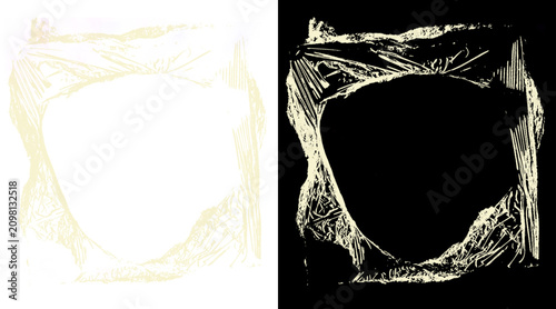 Foto Crumpled plastic wrap texture frame, transparent cling film border on black back