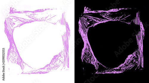 Photos Purple plastic wrap texture frame, wrinkled cellophane overlay on white and blac