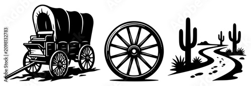 Fotografie Wild west covered wagon with wooden wheel and desert landscape icons