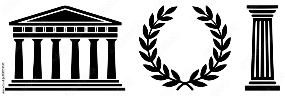 Obraz premium Ancient Greek temple with laurel wreath and ionic column in minimalist vector style