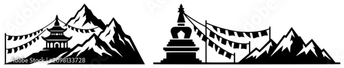 Tableau sur toile Buddhist temple and stupa with prayer flags and mountains in minimalist vector s
