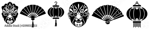 Chinese opera masks with folding fans and lanterns in minimalist vector style
