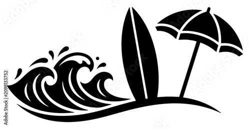Photography Surfing surfboard with ocean waves and beach umbrella in minimalist black silhou