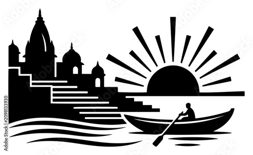 фотографія Hindu temple at river bank with sunrise and boatman in minimalist vector style