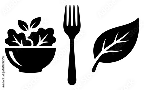 Vegetarian food icons with salad bowl and leaf in minimalist vector style