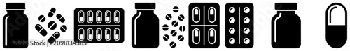 Konstfotografi Pharmaceutical icons set with different medicine bottles and pill blister packs