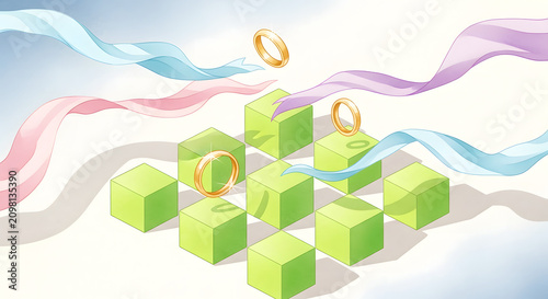 Ethereal illustration featuring gleaming rings and flowing pastel ribbons gently intertwining around serene green blocks, symbolizing unity, promise, and a new journey