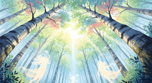 Ethereal Forest with Mystical Spirit Figures and Radiant Sunlight Streaming Through Tall Ancient Trees