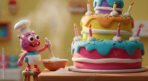 Cute plasticine monster chef baking a colorful multi-tiered birthday cake in a clay style kitchen