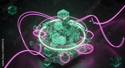 Abstract digital technology concept with glowing green glass cubes neon light rings and pink fiber optic data streams in a dark virtual space