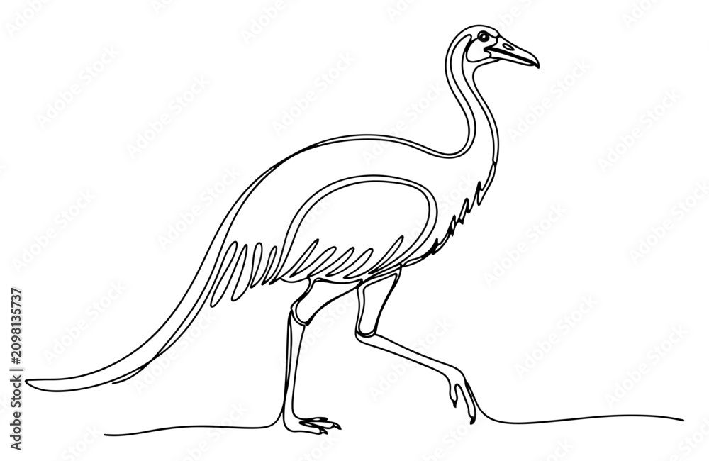 Obraz premium Struthiomimus Bird-like Dinosaur One Line Drawing, Gallimimus Prehistoric Animal Minimalist Vector Illustration, Ancient Ostrich Concept