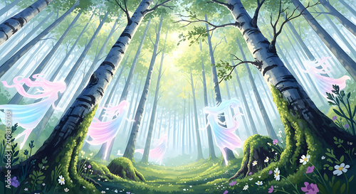 Ethereal forest spirits floating in a sunlit birch grove with mossy ground and mystical atmosphere