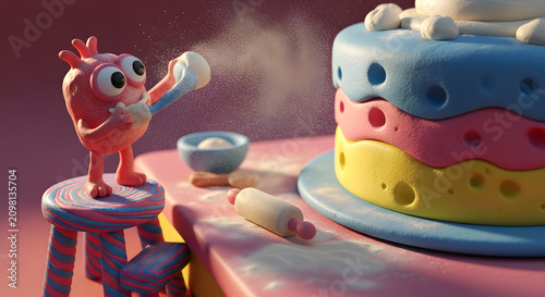 Playful character decorating a colorful tiered cake with powdered sugar for a celebration