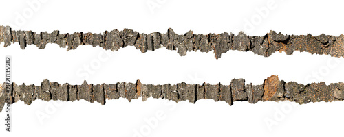 Horizontal Tree Bark Border Strips with Rough Natural Wood Texture Isolated on Transparent Background