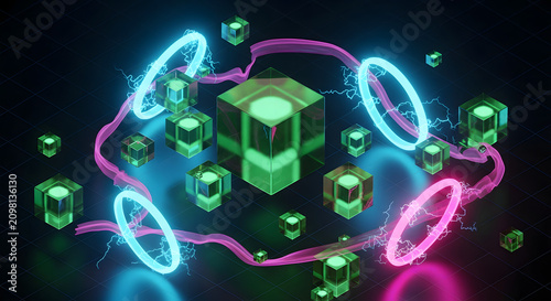 Abstract 3D Neon Cubes with Glowing Blue Rings and Pink Energy Trails on Dark Digital Grid Environment