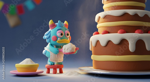 Cute 3D monster character wearing an apron and baking a giant chocolate cake