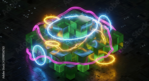 Abstract 3D rendering of glowing green cubes surrounded by neon light rings and colorful swirling energy trails on dark tech background