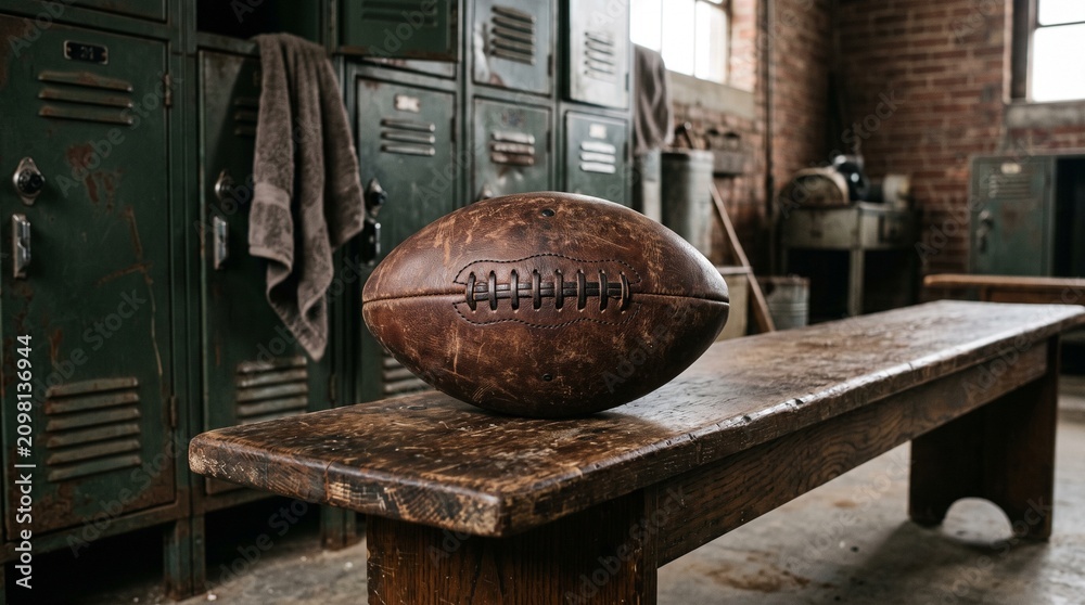 Fototapeta premium Vintage American Football Resting on Wooden Bench in Old Locker Room with Green Lockers