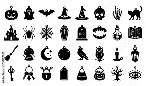 Modern Halloween silhouette icon collection with spooky keychains haunted accessories and festive horror symbols isolated on white background