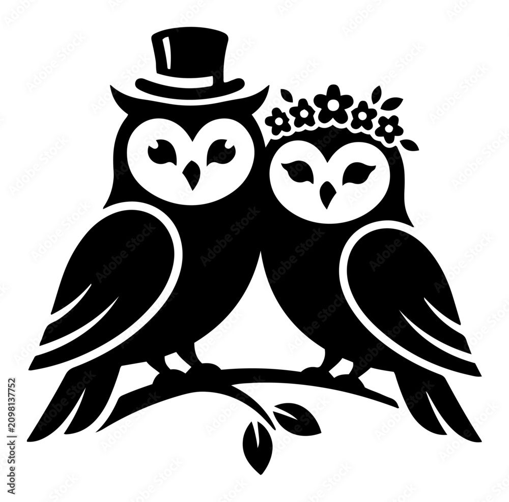 Obraz premium Cute owl couple sitting on branch wearing wedding accessories silhouette