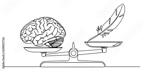 Fotografie Scale balancing brain versus feather mind lightness concept line art vector