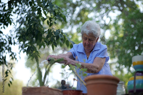 Healthy aging and active senior lifestyle elderly woman watering plants in her garden outdoors