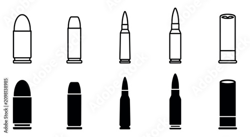 Set of bullet and ammunition icons in outline and solid styles for military design