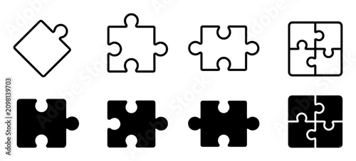 Set of isolated puzzle piece icons in different shapes and styles representing parts and connections on transparent background