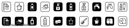 Foto Bathroom hygiene and cleaning icons including shower, towel, soap dispenser, han