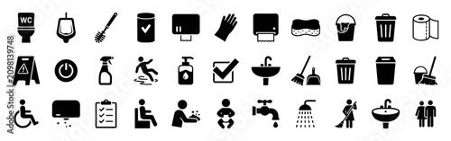 Set of black sanitary and cleaning icons including toilet, urinal, brush, soap, caution sign, mop, trash bin, sink, faucet, shower, and accessibility symbols on transparent background