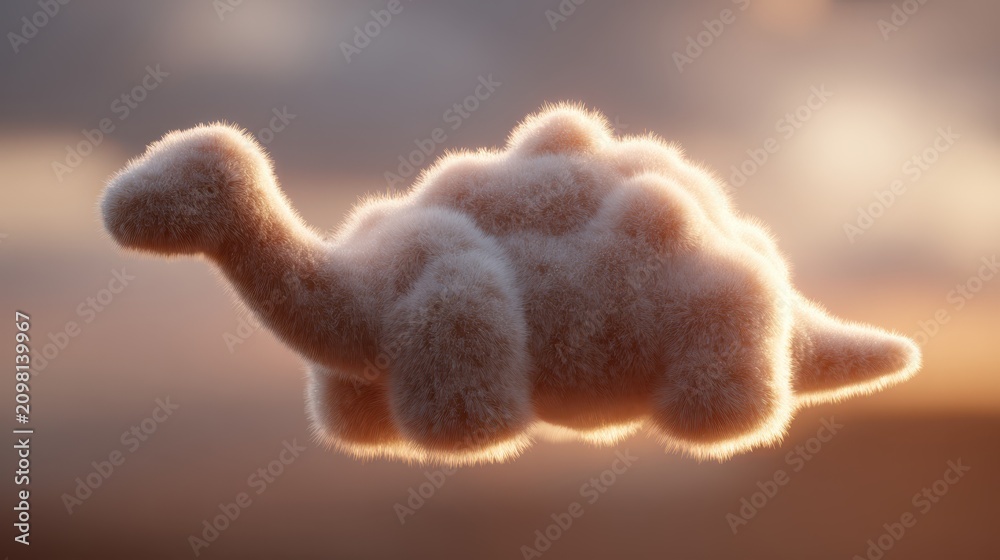 Fototapeta premium Whimsical Fluffy Cloud Creature During Golden Hour Sunrise or Sunset