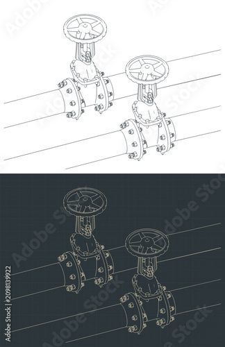 Industrial steel pipes with handwheel valves isometric blueprints