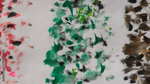 Bild auf Leinwand Three distinct columns of artistic paint strokes on white paper surface