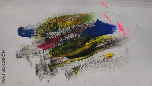 Canvastavla Bold blue yellow and red acrylic paint strokes on textured white paper