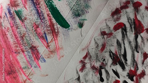 Foto Dual panel abstract art with colorful brush strokes and black red paint